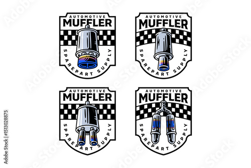 sportive muffler badge logo vector design set for sport, automotive, garage, workshop, spare part, industry. car exhaust pipe with single and double tip illustration emblem logo designs.