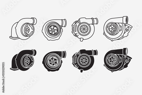 turbo charger car parts power booster engine outline, line art, filled, glyph style icon symbol element designs set for sport, automotive, garage, workshop, spare part, industry