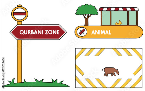 Qurbani zone signage and animal containment area illustrations for eid al adha