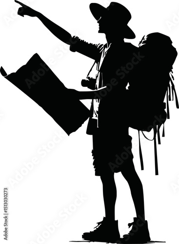 Silhouette of traveler holding map vector isolated on a white background