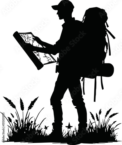 Silhouette of traveler holding map vector isolated on a white background