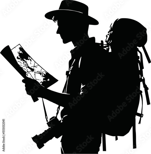Silhouette of traveler holding map vector isolated on a white background