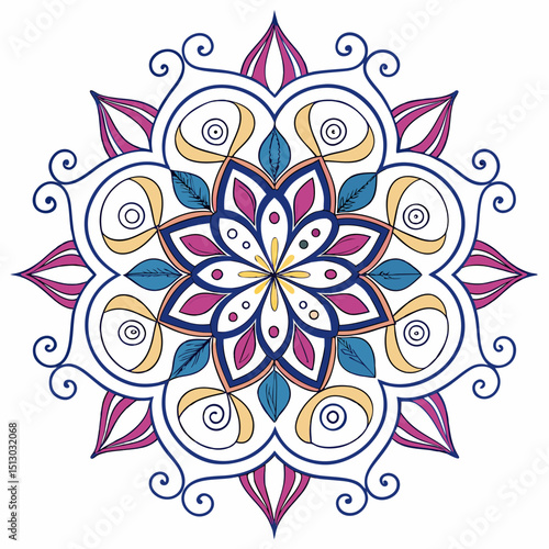 detailed mandala design, intricate symmetrical floral pattern, complex geometric flower motif, refined ornamental mandala, elegant repeating motif, elaborate stylized mandala, exquisite circular desig