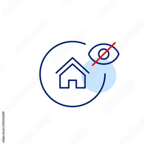 Vector icon of house with crossed-out eye, symbolizing hidden property, private residence, or invisible location. Ideal for real estate apps, security systems, and privacy
