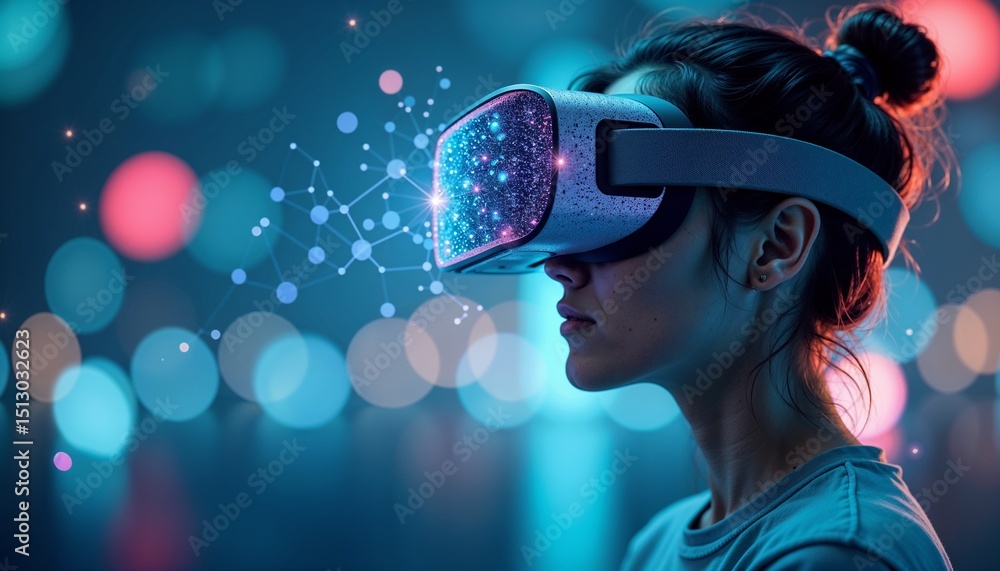 Young woman wearing VR headset, immersive experience, futuristic atmosphere, digital technology concept Young woman wearing VR headset, immersive experience, futuristic atmosphere, digital technology concept