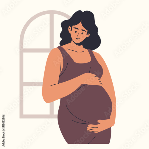 Illustration of an Pregnant Rubbing Belly Cartoon Character