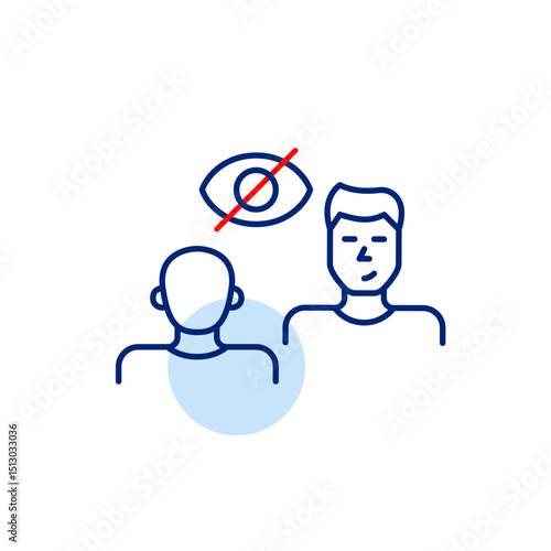 Vector icon of two men in conversation with crossed-out eye, symbolizing private discussion, confidential communication, hidden dialogue. Ideal for messaging apps, privacy settings, and platforms