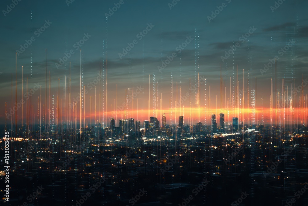 Obraz premium Digital skyline illuminated by vibrant lights and dynamic data overlays, symbolizing innovation.