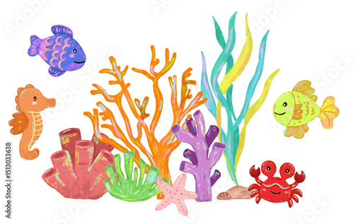 set collection of Cute hand drawn coral reef ocean sea beach animals aquarium creatures in colorful bright pastel colors character doodle illustration kids summer crayon watercolour sticker design