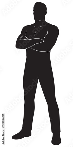 Silhouette of a man with arms crossed over his chest and legs firmly planted, determined man silhouette