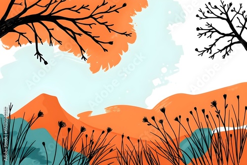 Abstract landscape with orange hills and black tree silhouettes against a light blue sky