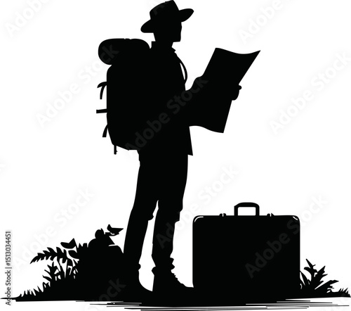 Silhouette of traveler holding map vector isolated on a white background