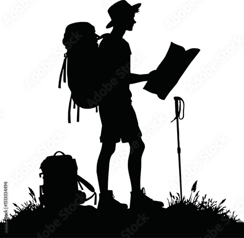 Silhouette of traveler holding map vector isolated on a white background