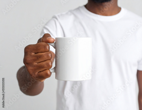 Man in white shirt holding a blank white mug for mockup design