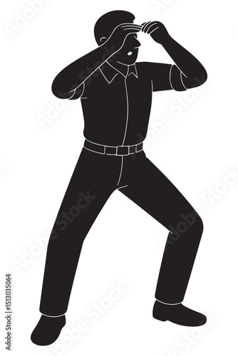 Silhouette of a man looking through imaginary binoculars with wide stance