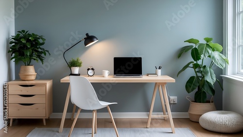 Modern Home Office with Light Wooden Desk and Plants