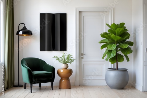 Minimalist Living Space with Indoor Plants and Black Accents