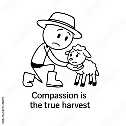 Stick figure comforting sad sheep with compassion quote