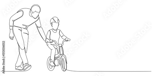 Father teaches his son to ride a bike line art style illustration, fathers day illustration. Vector eps