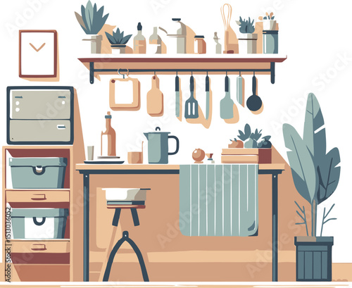 Cozy Kitchenette Interior with Plants and Rustic Decor