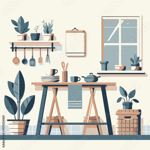 Cozy Kitchen Corner: Minimalist Flat-Lay Illustration