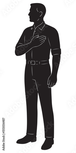 Silhouette of a man placing a hand over his heart and standing upright in respect