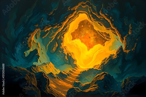 A vibrant painting depicts a glowing, fiery heart within a dark cavern. Swirling blue and orange hues create a mystical and dramatic atmosphere