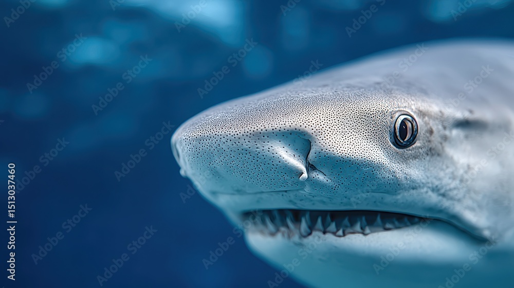 Naklejka premium Diver swims closely with a tiger shark in clear tropical waters during daylight hours. Shark Awareness Day and Shark Week