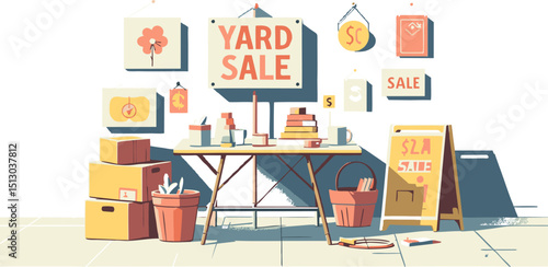 Vibrant Yard Sale Illustration: Colorful Goods and Signs