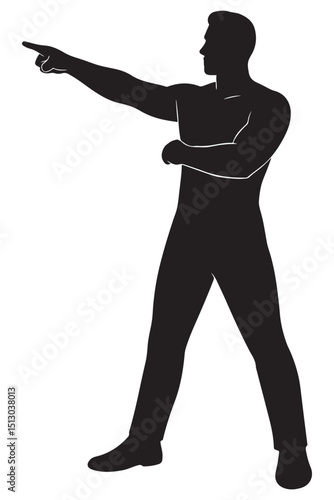 Silhouette of a man pointing forward with confidence, feet apart and back straight, pointing man silhouette