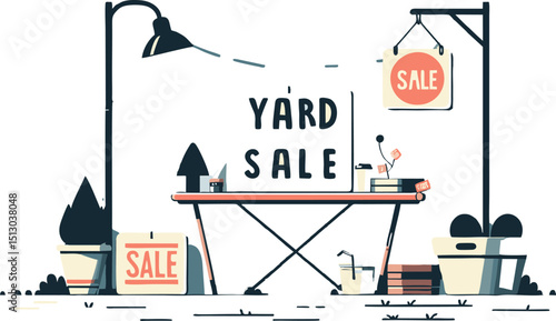 Charming Flat-Style Illustration of a Yard Sale Setup