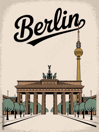 Minimalist retro-style Berlin travel poster featuring the iconic Brandenburg Gate. Perfect vector art for wall decor, souvenirs, or editorial design.