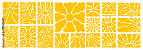 Y2k groovy hippie sun, flower or floral pattern background in retro 60s or 70s boho style. Contemporary summer sunburst, sunshine and organic doodle shape for botanical logo or social media banner art