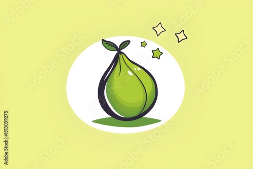 A stylized, cartoon green fruit with leaves sits inside a white circle on a light green background. Stars hover nearby, adding a whimsical touch