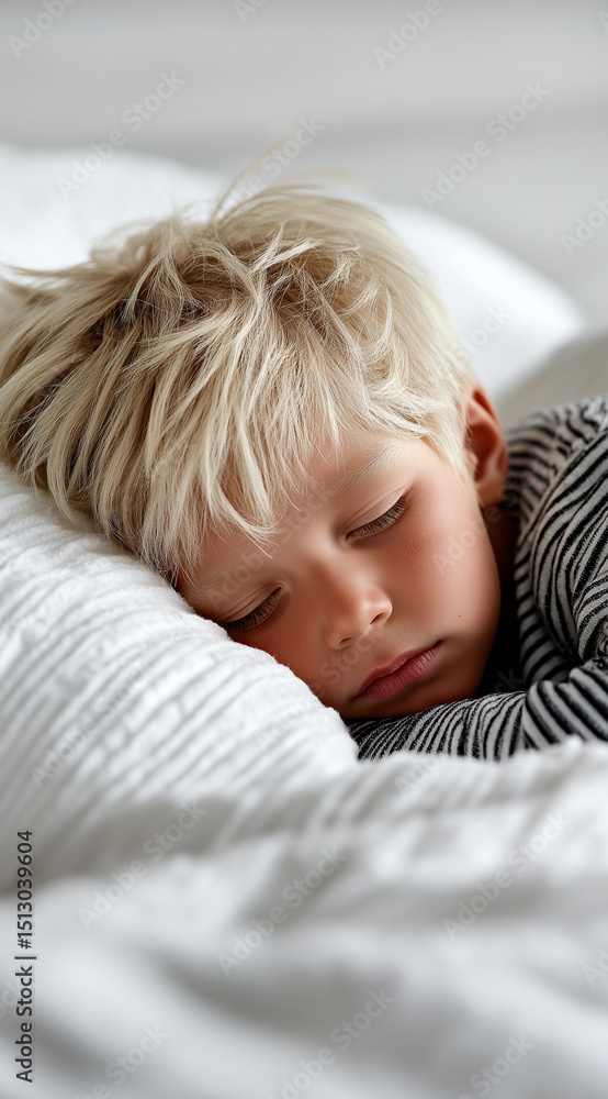A little boy sleeping peacefully in bed, head on a pillow with eyes closed and blond hair. The background is a white wooden bedroom interior. Soft lighting creates an atmosphere of A little boy sleeping peacefully in bed, head on a pillow with eyes closed and blond hair. The background is a white wooden bedroom interior. Soft lighting creates an atmosphere of