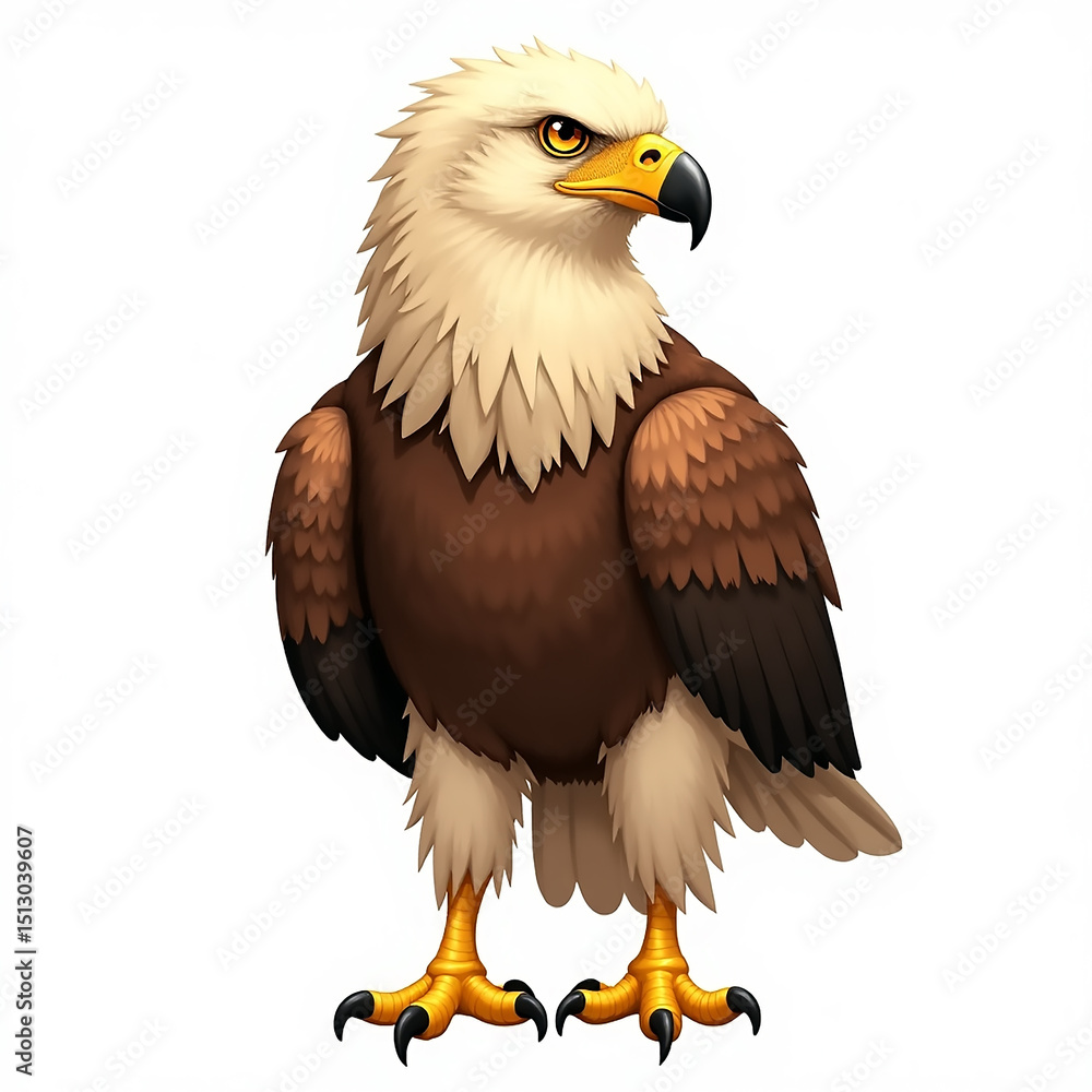 Obraz premium Majestic Cartoon Bald Eagle Illustration with Detailed Feathers and Sharp Claws Standing Proudly on transparent background