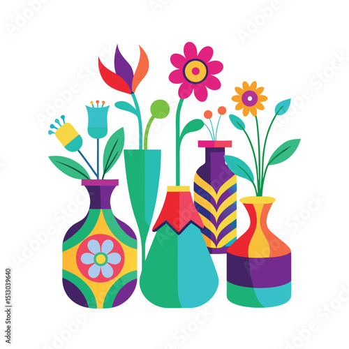 Colorful floral arrangement displayed in decorative vases with abstract bright geometric design