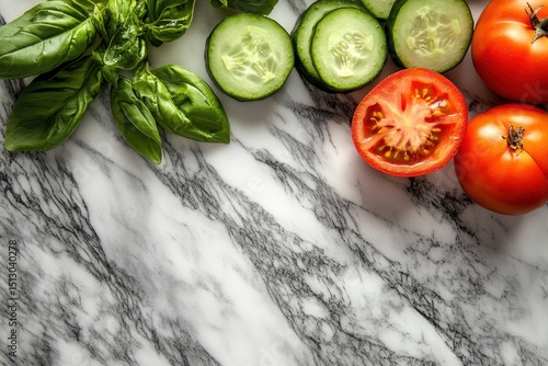 Fresh basil, cucumbers and tomatoes lay on marble surface, top view. Good for food blogging, cooking recipes, and healthy eating concepts.