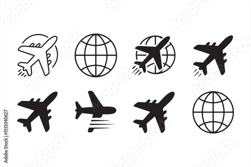 Modern Air Travel: Vector Icons of Airplanes and Flight Paths