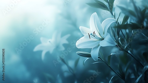Closeup shows a single white lily surrounded by leaves against a dreamy, soft background