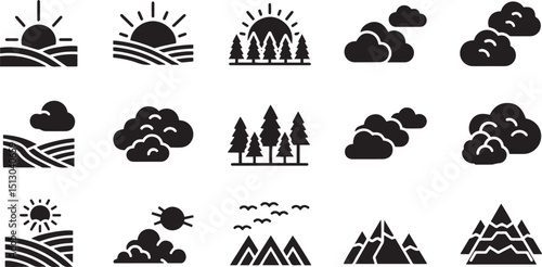 Black glyph icons nature landscapes sun clouds mountains forest