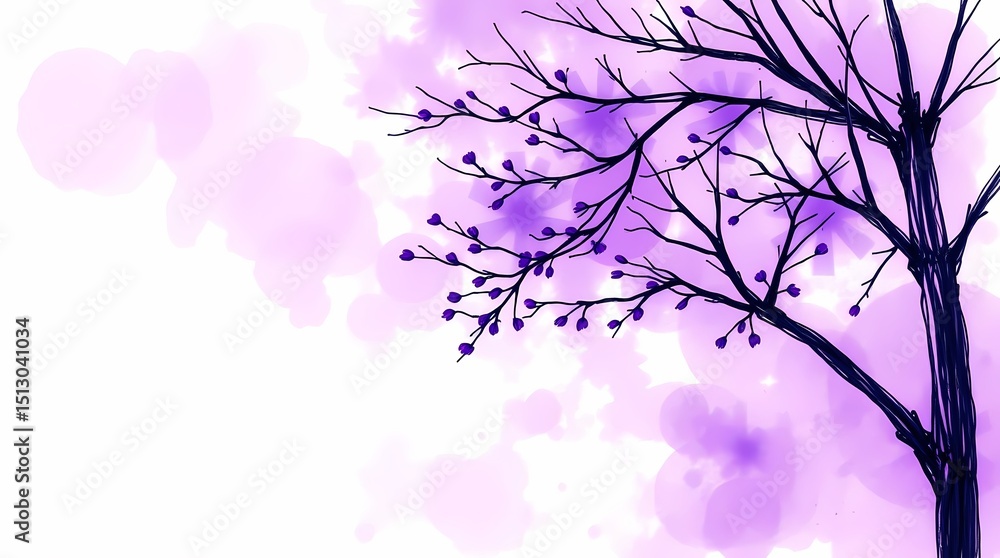 Fototapeta premium A stylized tree drawing, outlined in dark ink, with small, purple blossoms, set against a backdrop of soft, purple watercolor washes on a white background