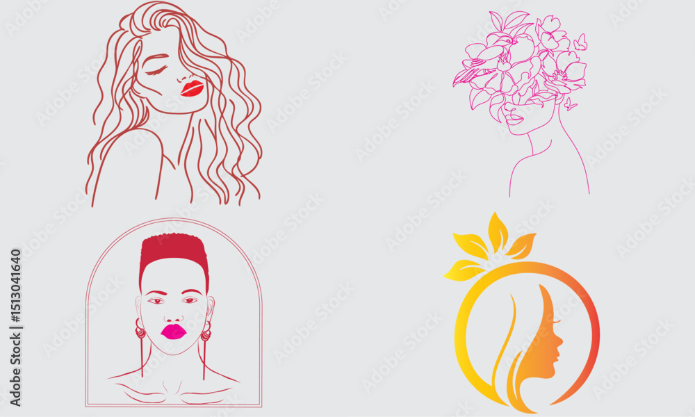 Fototapeta premium Vector logo and branding design templates in minimal style, for beauty centre, fashion studio, haircut salon and cosmetics - female portrait, beautiful woman's face 