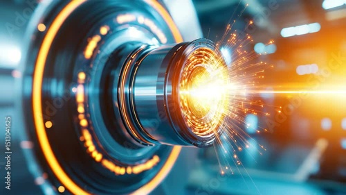 Futuristic machine part with glowing energy core, metallic surface, and dynamic sparks, representing advanced technology, innovation, and industrial power high tech environment where energy