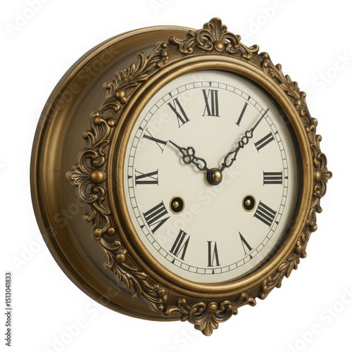 Vintage golden clock isolated on white background, decorative element, time management.