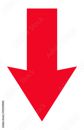 Downward-facing red arrow representing directional symbol for navigation, pointing down, isolated graphic for infographic, presentation, or signage use.