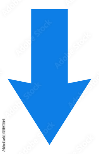 Downward-facing blue arrow on white background, bold and clean directional symbol for navigation, pointing down, isolated graphic for infographic, presentation, or signage use.