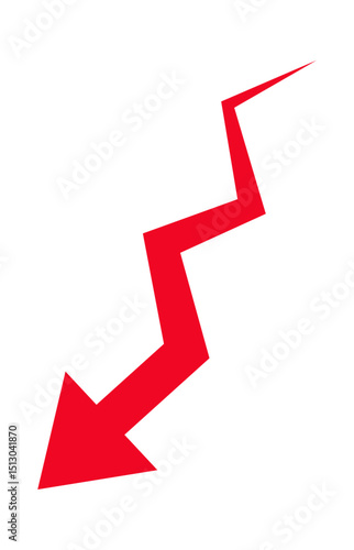 Zigzag downward red arrow symbolizing decline, decrease, or loss dynamic isolated graphic for business, finance, statistics, infographics, or presentations.