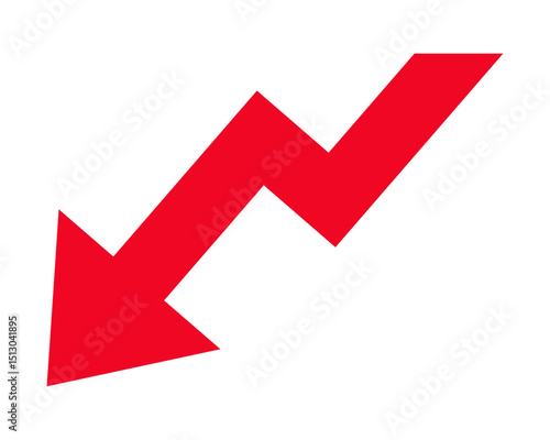 Zigzag downward red arrow symbolizing decline, decrease, or loss dynamic isolated graphic for business, finance, statistics, infographics, or presentations.