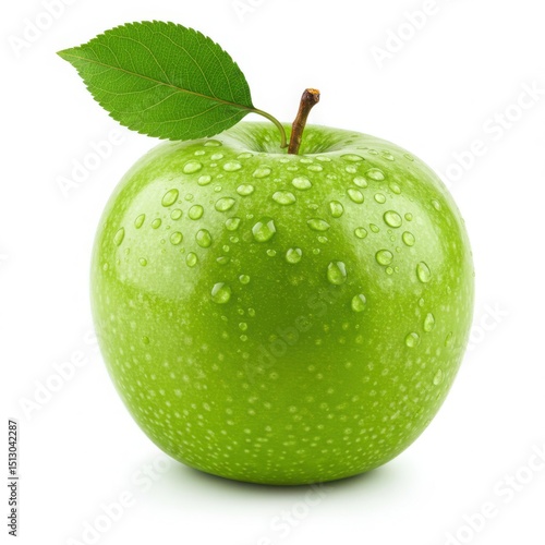Fresh green apple with water droplets isolated on white background. use cases: food, health